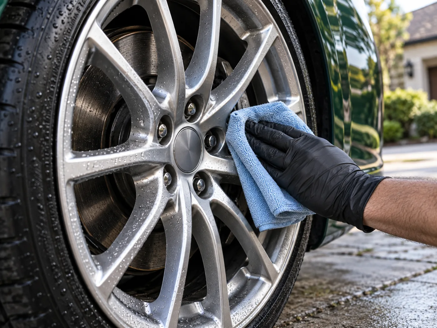 Mock illustration of an alloy wheel being carefully wiped with a microfiber towel