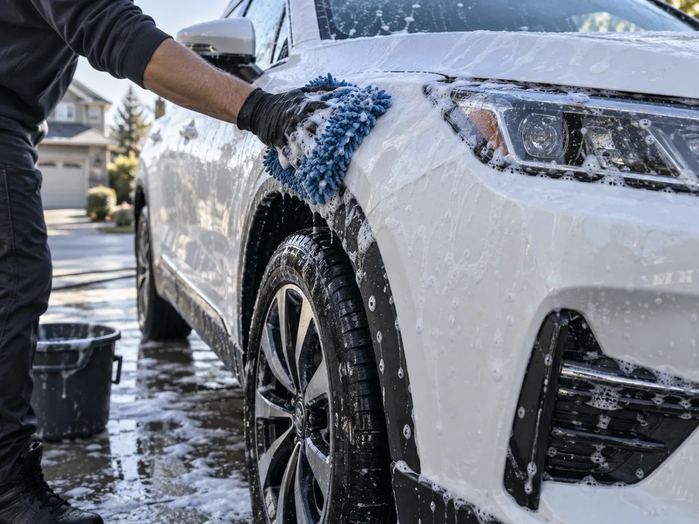 Mock illustration of a white SUV receiving a foam hand wash
