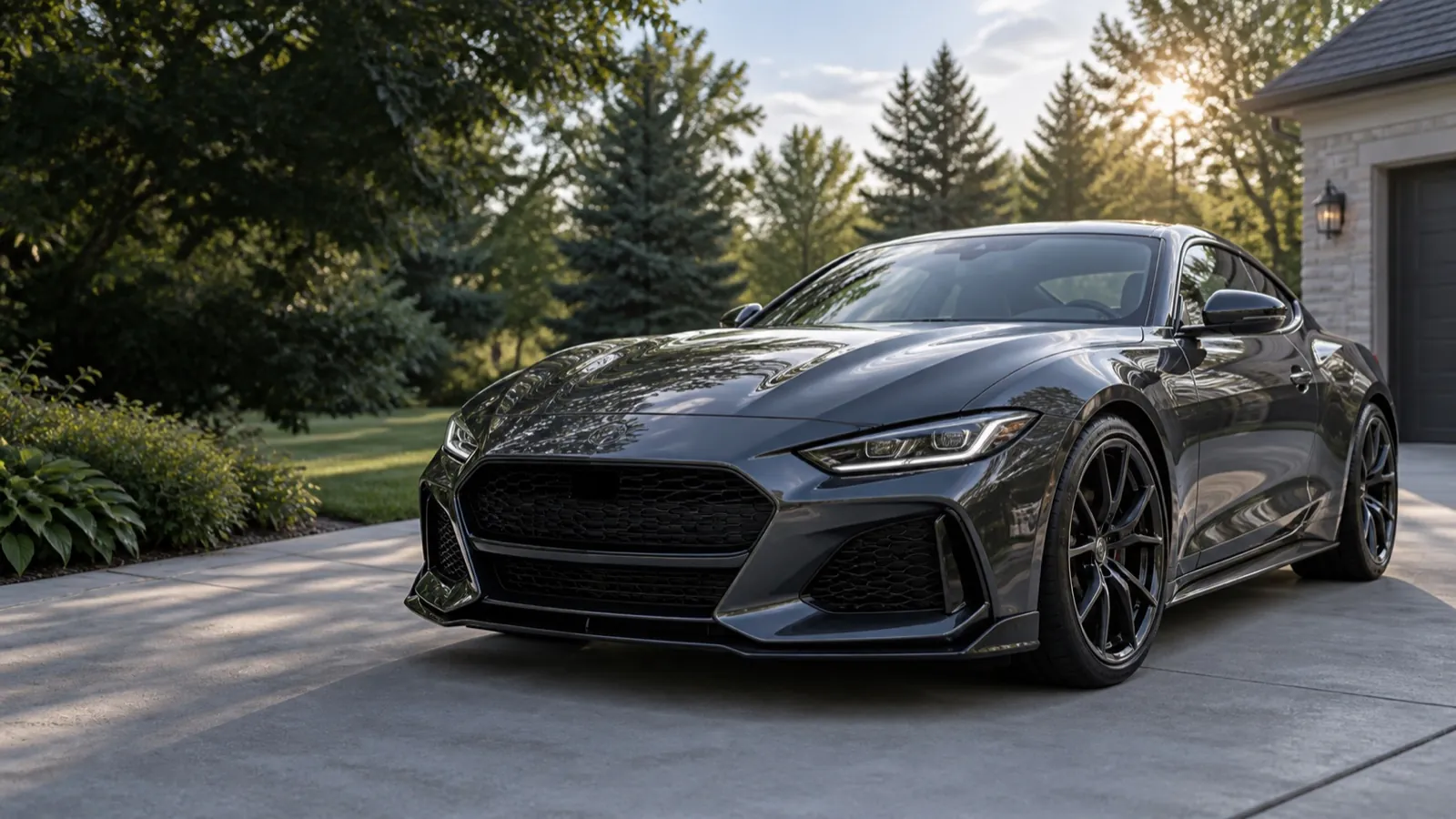 Mock promotional image of a freshly detailed charcoal sports coupe