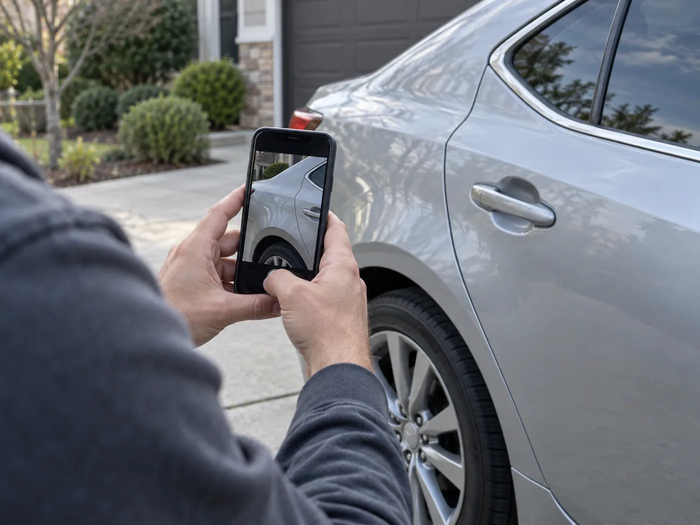 Mock illustration of a vehicle owner taking a car photo for a detailing quote